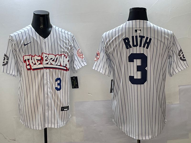 Men New York Yankees 3 Ruth White Stripe four generations Joint Name 2025 Nike MLB Jersey style 5